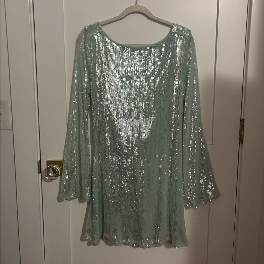 Rare London Sequin Long Sleeve Dress in Mint Green